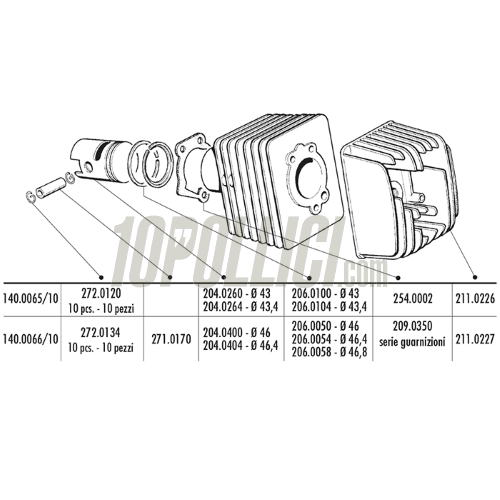 Pistone POLINI Ø 46mm per cilindro 72cc spinotto 12 per PIAGGIO CIAO