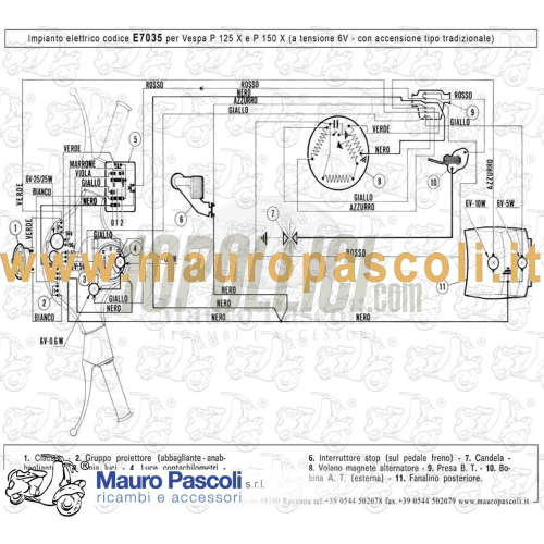Impianto elettrico MAURO PASCOLI Vespa P 125-150 X senza frecce, 6v, accensione a puntine