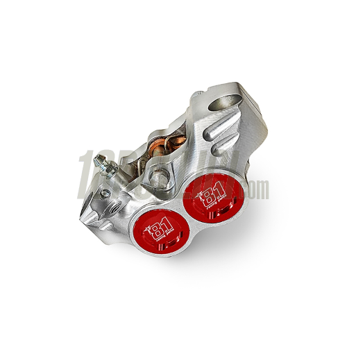 Pinza freno OTTOPUNTOUNO New Era - 4 pistoncini, radiale, interasse fori 84mm - alluminio CNC, argento e rosso anodizzato