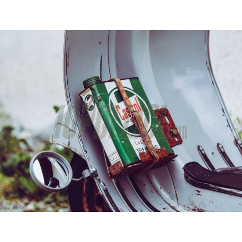 Oil can rack RUSTY FARTS Vespa Smallframe, Largeframe, Wideframe - untrated steel, legshield left