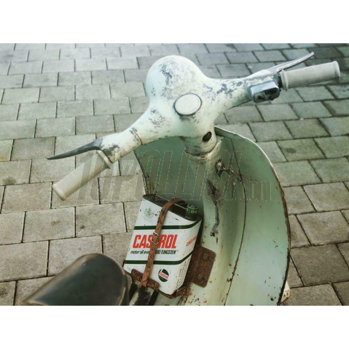Oil can rack RUSTY FARTS Vespa Smallframe, Largeframe, Wideframe - untrated steel, legshield left