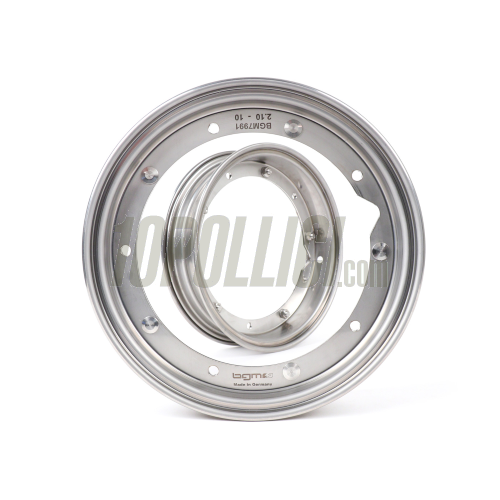 Stainless steel wheel rims couple 2.10-10 decomposable BGM PROO Vespa 50 Special, 125 ET3 Primavera, Sprint, GT, GL, TS, Rally, PX, PK, T5 