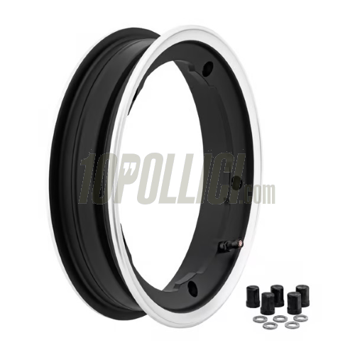 Cerchio in lega tubeless MY SIP 2.10-10 Vespa 50, 125 ET3 Primavera, PK, PX, T5 - nero e alluminio lucido
