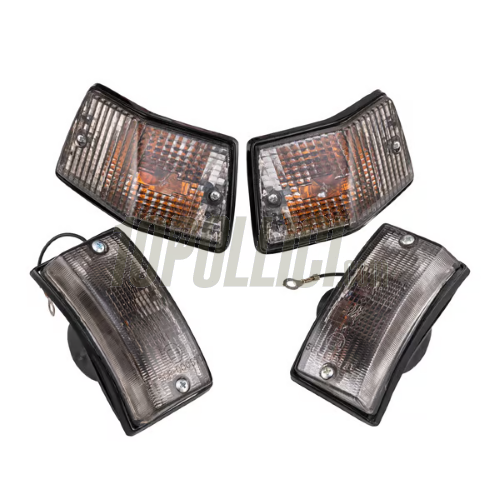 Blinkers set, homologated, SIP for Vespa PX, front & rear, clear glass optics, black casing, bulbs included