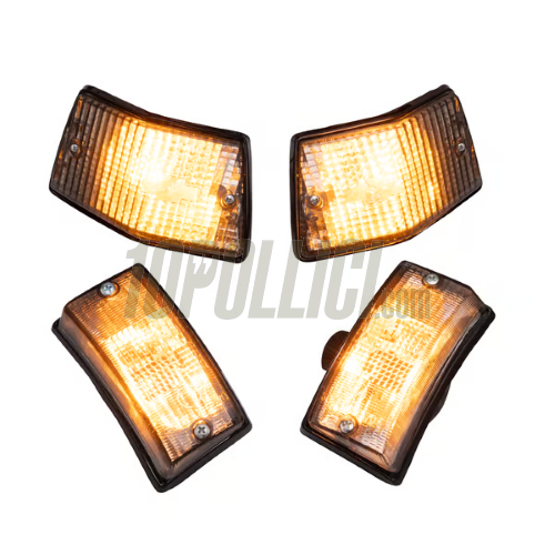 Blinkers set, homologated, SIP for Vespa PX, front & rear, clear glass optics, black casing, bulbs included