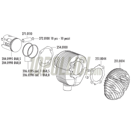 KIT CILINDRO POLINI 210cc VESPA 200 PX IN GHISA D.68,5 CORSA 57mm