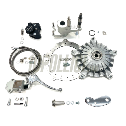 Disc brake complete kit CRIMAZ 2.0, front, Vespa 50, 125 Primavera, ET3 with CNC suspension arm, black brake caliper, brake hose, silver brake master cylinder, anty dive plate