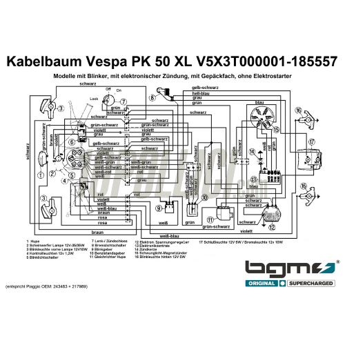 Cable harness BGM Vespa PK 50 XL FL, HP, with indicator, with elestart