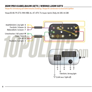 Light switch BGM PRO "Conversion" Vespa 50, 90, 125 ET3 Primavera, VNA, VBA, TS, Rally, for electronic ignitions