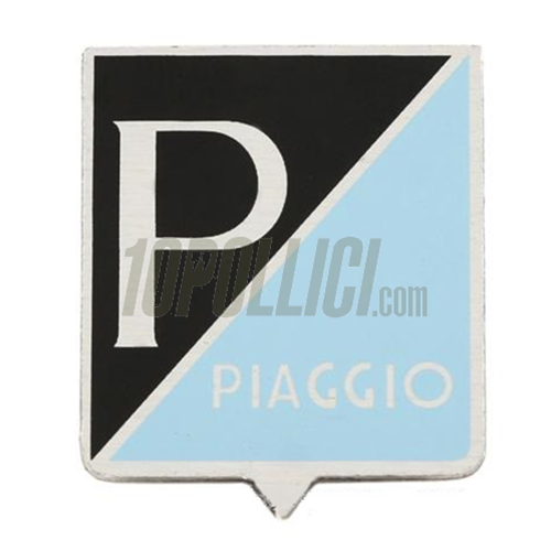 Emblem "PIAGGIO", for Vespa 50 N, S, SS, 90 SS, 125 Nuova,  ligth blue, aluminium, 25x28mm, adhesive coating, printed