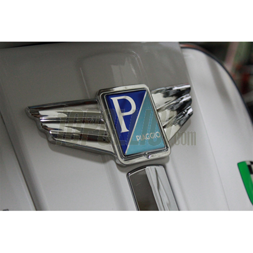 Horn Cover Decoration Wing SIP for squared PIAGGIO Emblem, Mark II, for Vespa 50-300 LX, LXV, S, GTS, GTS Super, GTV, GT 60, GT, 36x47 mm, plastic, chrome, bent, self-adhesive