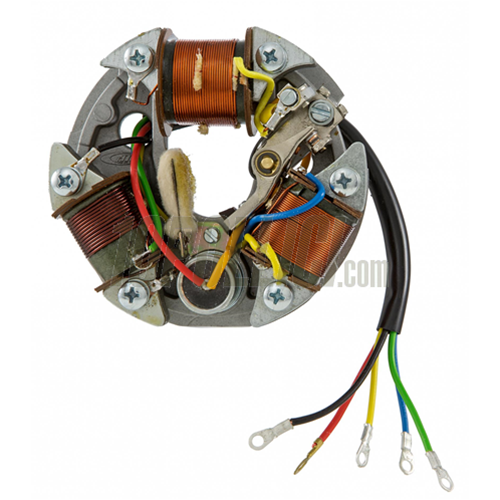 Piatto statore SIP per Vespa 90 2°, R, SS, 125 VMA, Primavera, anche per Vespa 50 N, L, R, Special, SS, per bobina esterna, con puntine lunghe, 5 cavi, 3 bobine, 6V/25W, per luce stop/abbaglianti