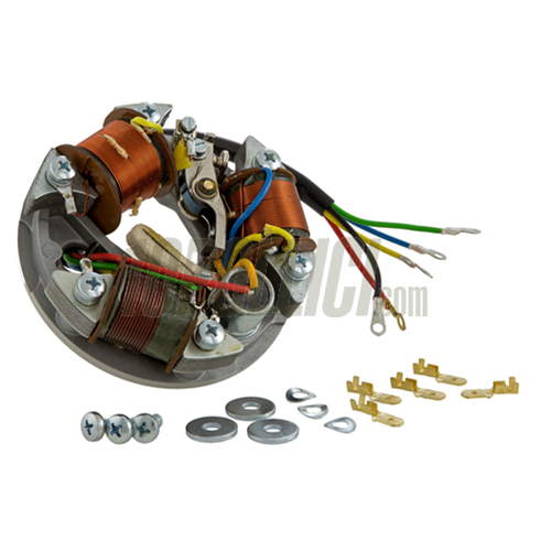 Piatto statore SIP per Vespa 90 2°, R, SS, 125 VMA, Primavera, anche per Vespa 50 N, L, R, Special, SS, per bobina esterna, con puntine lunghe, 5 cavi, 3 bobine, 6V/25W, per luce stop/abbaglianti